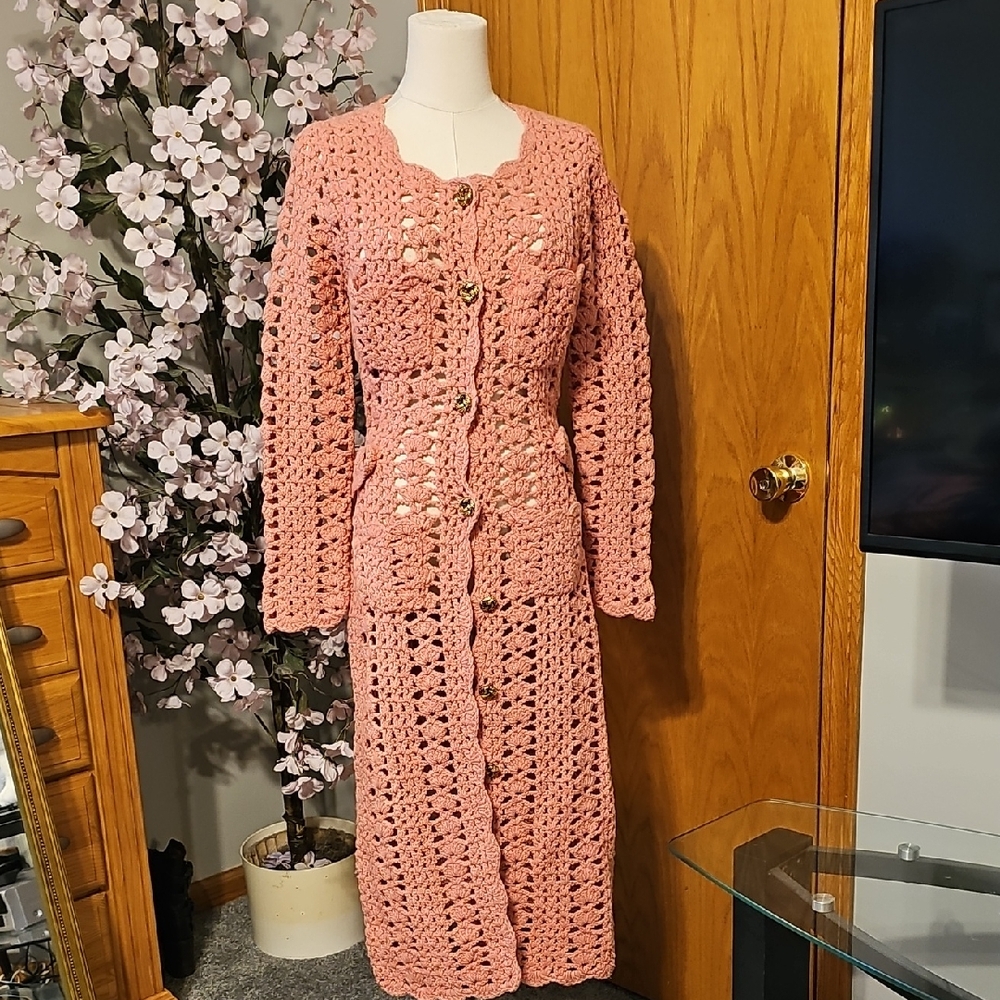 Anthropologie Pink Crochet Cardigan Sweater